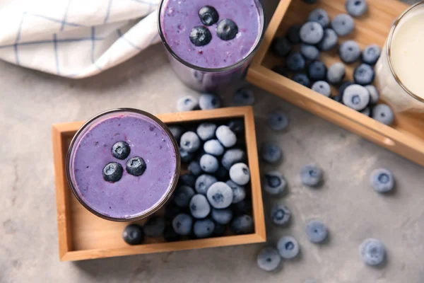Glass Tasty Blueberry Smoothie Frozen Berries Wooden Box Table — Stock Photo, Image
