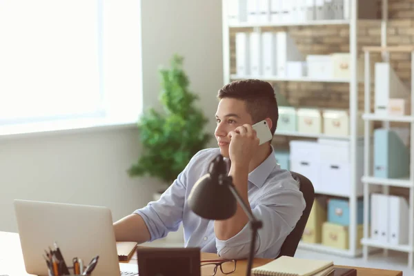 Handsome Young Man Talking Mobile Phone Office — Stock Photo, Image