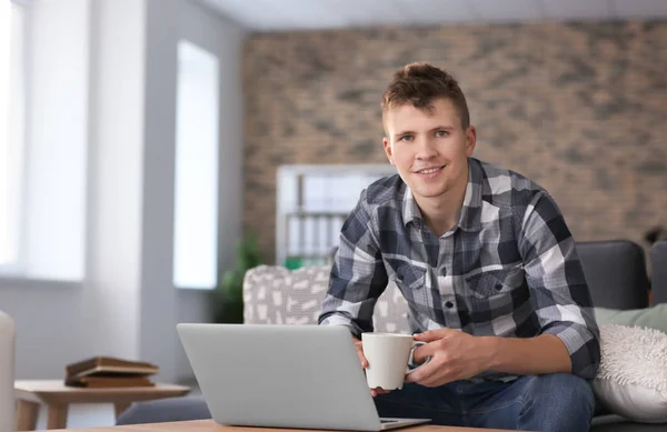 Handsome Young Man Working Laptop Home — Stock Photo, Image