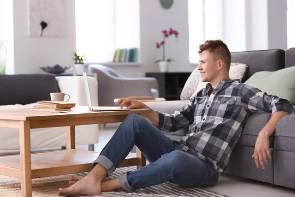 Handsome Young Man Working Laptop Home — Stock Photo, Image