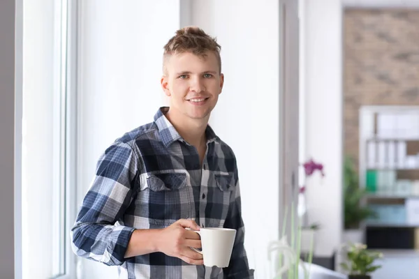 Portrait Handsome Young Man Cup Coffee Window — Stock Photo, Image