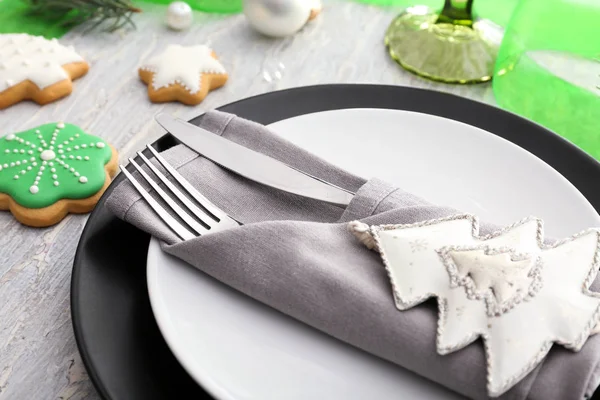 Cutlery Stylish Christmas Decor Plate Closeup — Stock Photo, Image