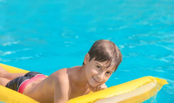 Cute Boy Inflatable Mattress Swimming Pool Summer Day — Stock Photo, Image