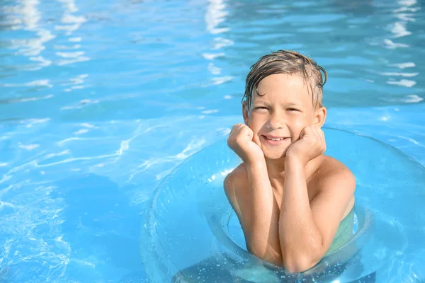 Cute Little Boy Inflatable Ring Swimming Pool Summer Day — Stock Photo, Image