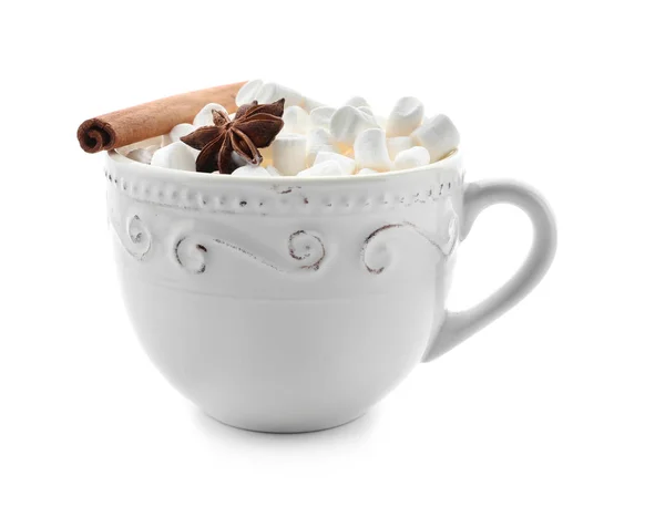 Copo Chocolate Quente Delicioso Com Pau Canela Marshmallows Fundo Branco — Fotografia de Stock