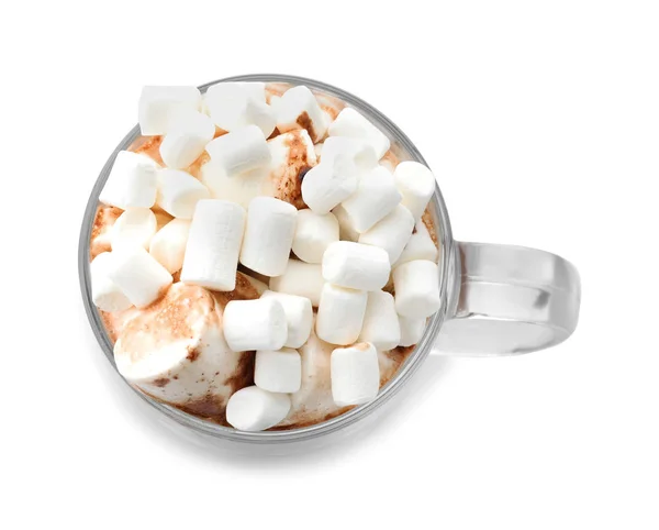 Copo Chocolate Quente Delicioso Com Marshmallows Fundo Branco — Fotografia de Stock