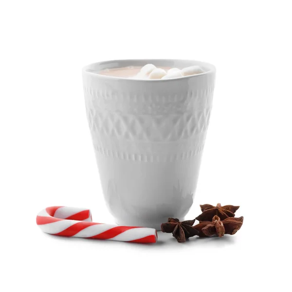 Copo Chocolate Quente Delicioso Com Marshmallows Cana Açúcar Fundo Branco — Fotografia de Stock