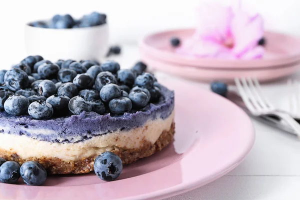 Delicious Cheesecake Blueberries Plate Closeup — Stock Photo, Image