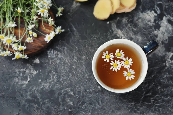 Cup Delicious Camomile Tea Grey Table — Stock Photo, Image