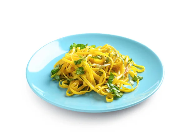 Plate Delicious Pasta Basil White Background — Stock Photo, Image