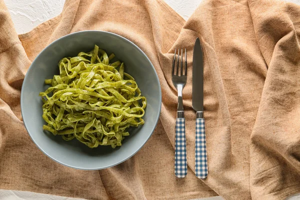 Plate Delicious Pasta Pesto Sauce Table — Stock Photo, Image