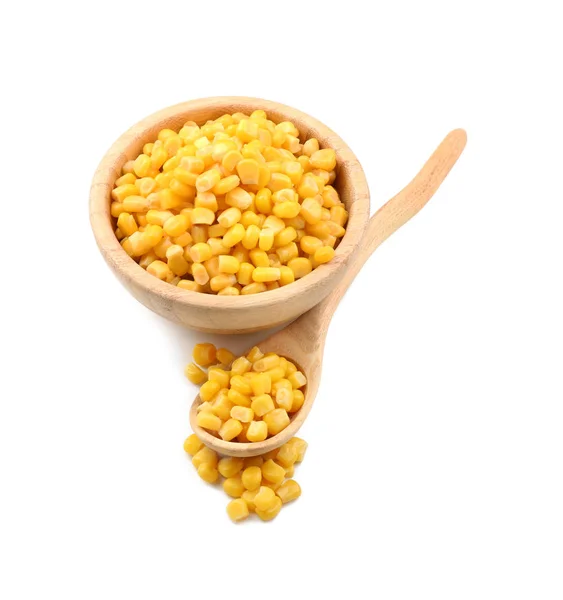 Bowl Spoon Tasty Corn Kernels White Background — Stock Photo, Image