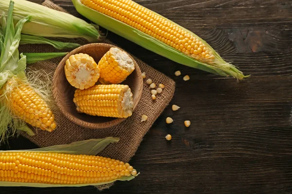 Bowl Fresh Corn Cobs Wooden Table — Stock Photo, Image