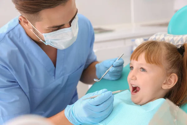 牙科医生在诊所检查小女孩的牙齿 — 图库照片