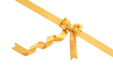 Beyaz arkaplanda fiyonklu altın kurdele