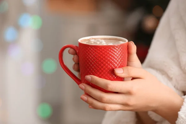 Woman Holding Cup Delicious Cocoa Blurred Christmas Lights Closeup — Stock Photo, Image