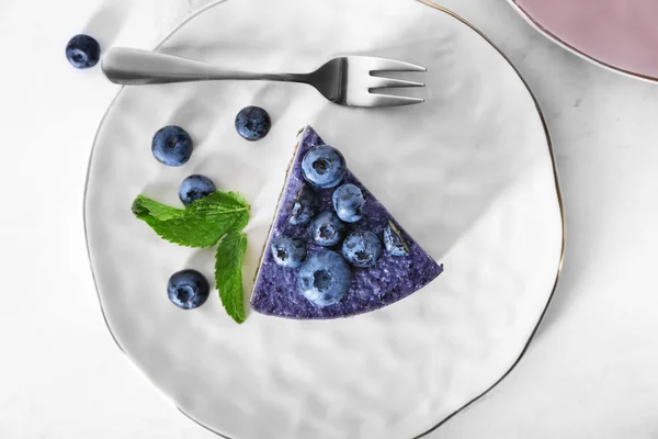 Plate Piece Tasty Blueberry Cheesecake White Table — Stock Photo, Image