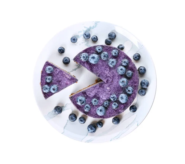 Plate Tasty Blueberry Cheesecake White Background — Stock Photo, Image