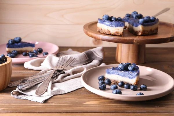 Stand Plate Tasty Blueberry Cheesecake Wooden Table — Stock Photo, Image