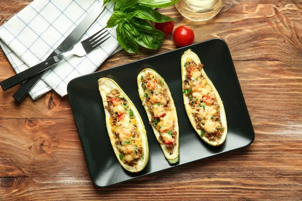 Plate Meat Stuffed Zucchini Boats Wooden Table — Stock Photo, Image