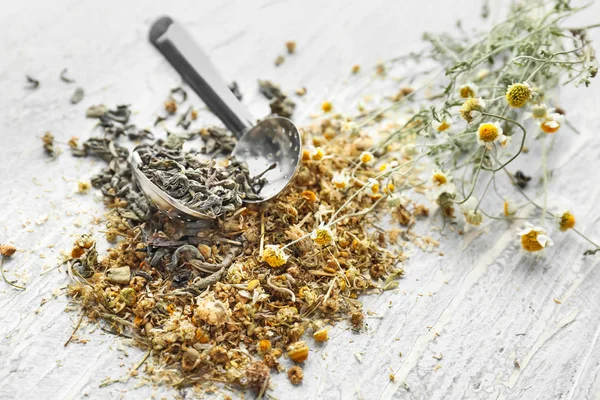 Tea Strainer Dried Chamomile Flowers Wooden Table — Stock Photo, Image