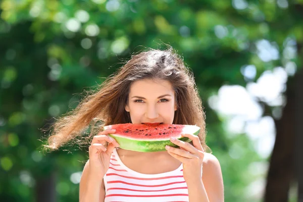 Beautiful Young Woman Slice Tasty Watermelon Outdoors — Stock Photo, Image