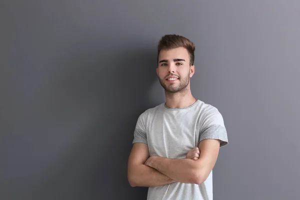 Portrait Handsome Young Man Grey Background — Stock Photo, Image