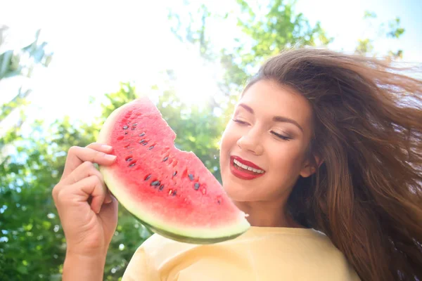 Beautiful Young Woman Slice Tasty Watermelon Outdoors — Stock Photo, Image