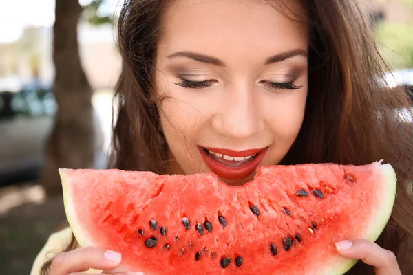 Beautiful Young Woman Slice Tasty Watermelon Outdoors Closeup — Stock Photo, Image