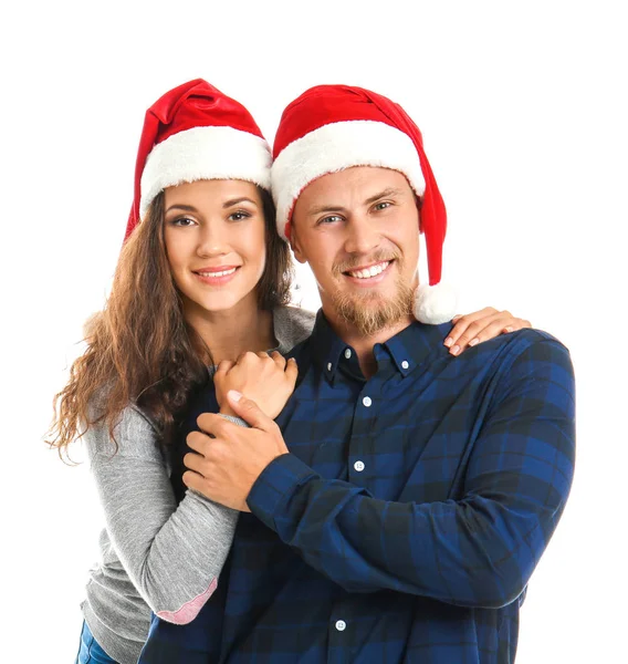 Retrato Bonito Jovem Casal Santa Chapéus Fundo Branco — Fotografia de Stock