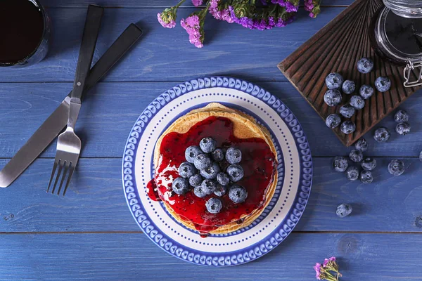 Plate Tasty Pancakes Jam Blueberries Wooden Table — Stock Photo, Image