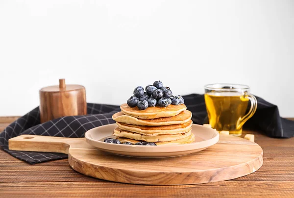 Plate Tasty Pancakes Blueberries Wooden Table — Stock Photo, Image