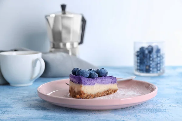 Plate Delicious Blueberry Cheesecake Light Table — Stock Photo, Image