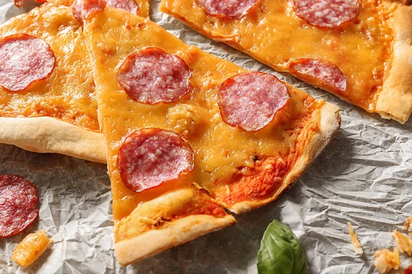 Slices Tasty Pepperoni Pizza Table Closeup — Stock Photo, Image