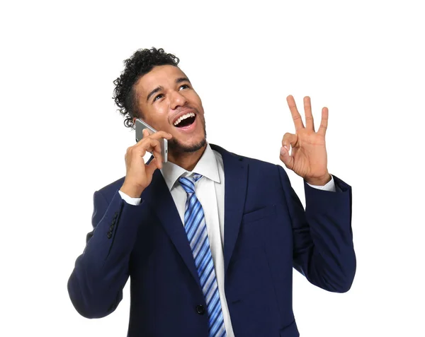 Handsome African American Businessman Talking Mobile Phone White Background — Stock Photo, Image