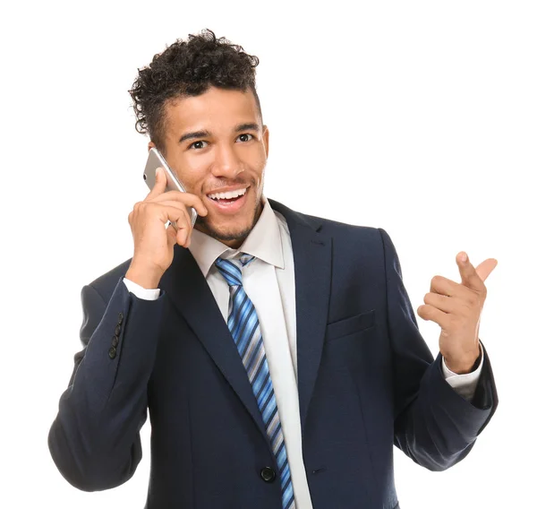Красивый Афро Американский Бизнесмен Разговаривает Мобильному Телефону Белом Фоне — стоковое фото