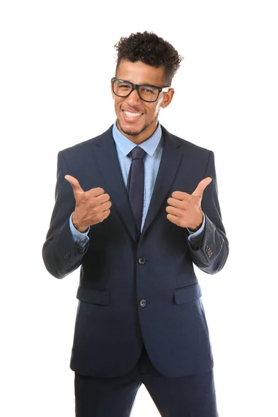 Hombre Negocios Afroamericano Guapo Mostrando Pulgar Hacia Arriba Sobre Fondo — Foto de Stock