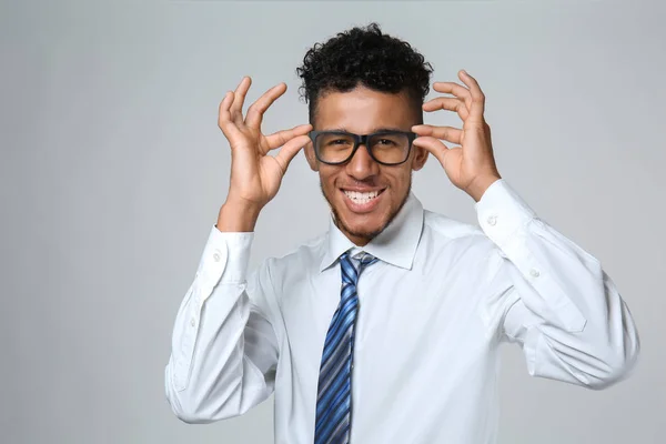 Handsome African American Businessman Wearing Glasses Grey Background — Stock Photo, Image