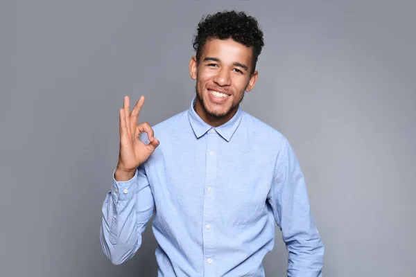 Handsome African American Businessman Showing Gesture Grey Background — Stock Photo, Image