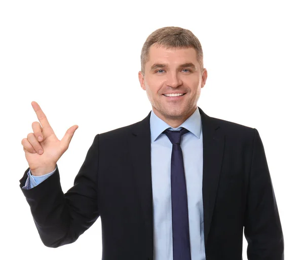 Schöner Selbstbewusster Geschäftsmann Zeigt Auf Etwas Auf Weißem Hintergrund — Stockfoto