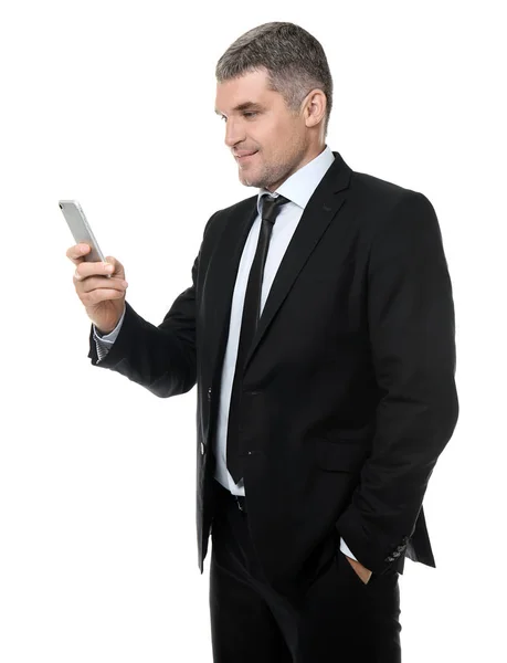 Handsome Confident Businessman Mobile Phone White Background — Stock Photo, Image