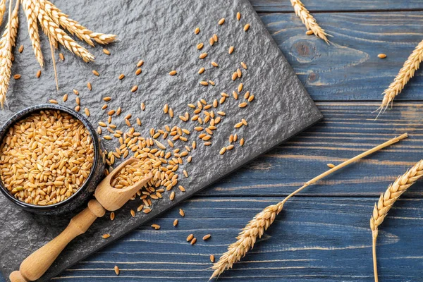 Composition Wheat Grains Wooden Background — Stock Photo, Image