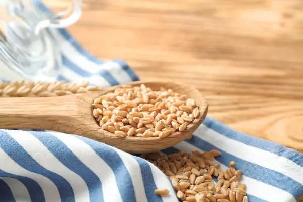 Spoon Wheat Grains Wooden Background — Stock Photo, Image