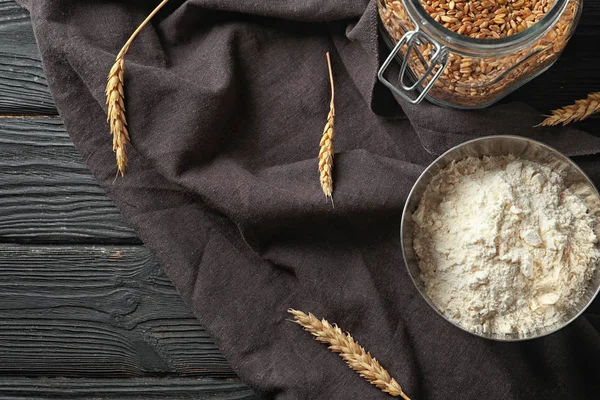 Bowl Wheat Flour Jar Grains Wooden Background — Stock Photo, Image