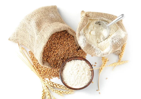 Composition Wheat Flour Grains White Background — Stock Photo, Image