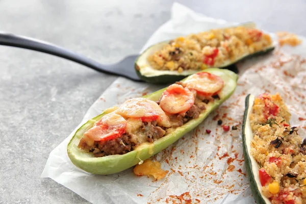 Meat Quinoa Stuffed Zucchini Boats Light Table — Stock Photo, Image