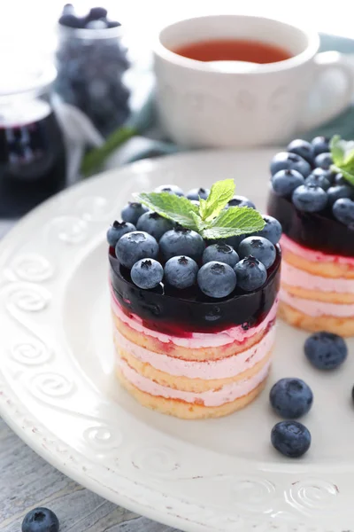 Läckra Blåbär Desserter Tallrik Närbild — Stockfoto