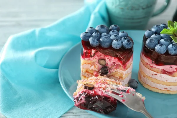 Eating Delicious Blueberry Dessert Closeup — Stock Photo, Image