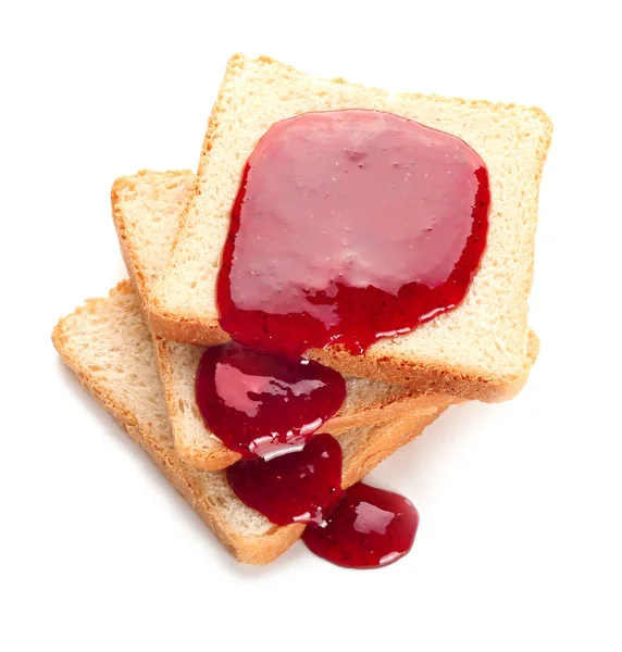 Кусочки Хлеба Вкуснейшим Клубничным Джемом Белом Фоне — стоковое фото