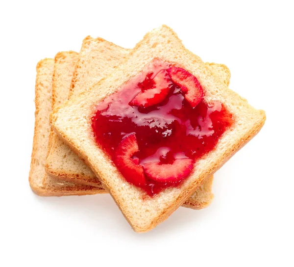 Rebanadas Pan Con Deliciosa Mermelada Fresa Sobre Fondo Blanco — Foto de Stock